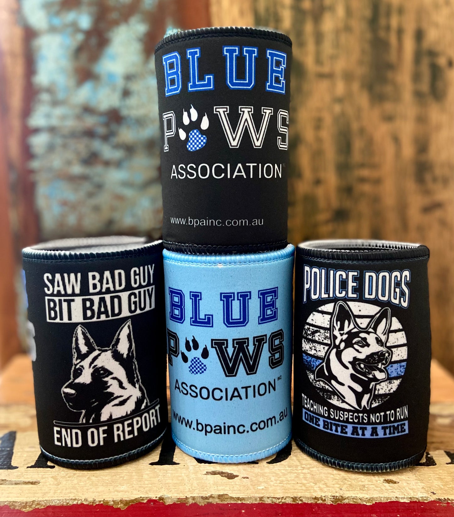 Limited Edition Stubby Cooler for Retired Police Dogs: "Saw Bad Guy, Bit Bad Guy"